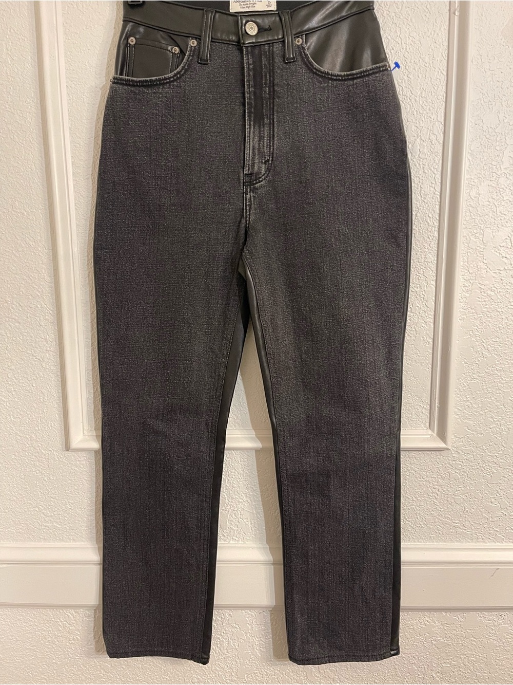 Abercrombie and Fitch Women's Black Two-Tone Jeans with Faux Leather Waist/Back